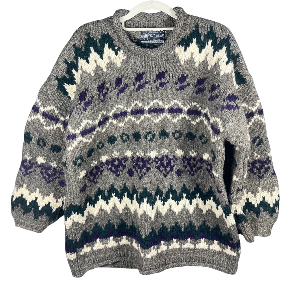 Rey Wear Wool Sweater Unisex Large Grey Fair Isle Geometric Handmade Ecuador